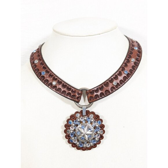 Western Leather Embossed Blue Rhinestone Star Flower Pendant Statement necklace - Picture 1 of 11